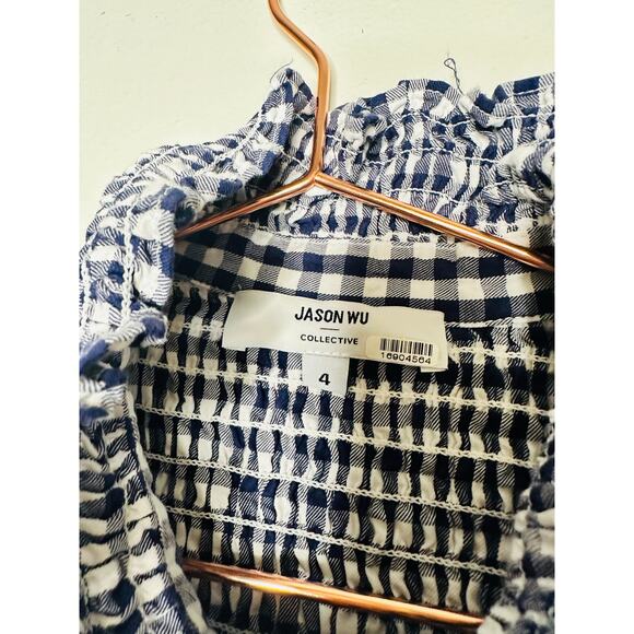 JASON WU COLLECTIVE Navy White Gingham Smocked Collared Mini Dress Size 4 - Picture 8 of 11
